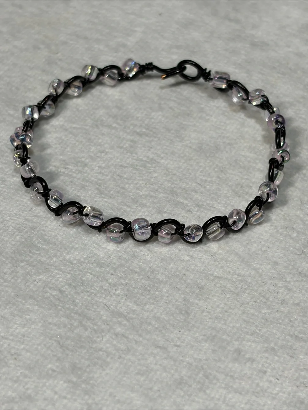 Black Artistic Wire Bracelet with Iridescent Clear Beads